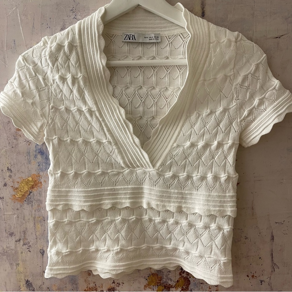 Zara Ecru White Knit Crop Top, Size S